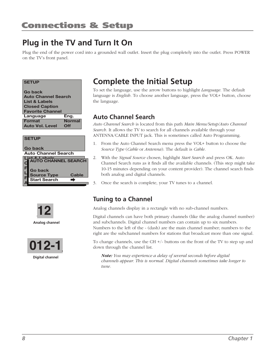 Plug in the tv and turn it on, Complete the initial setup, Connections & setup | Auto channel search, Tuning to a channel | RCA J13804CL User Manual | Page 10 / 29