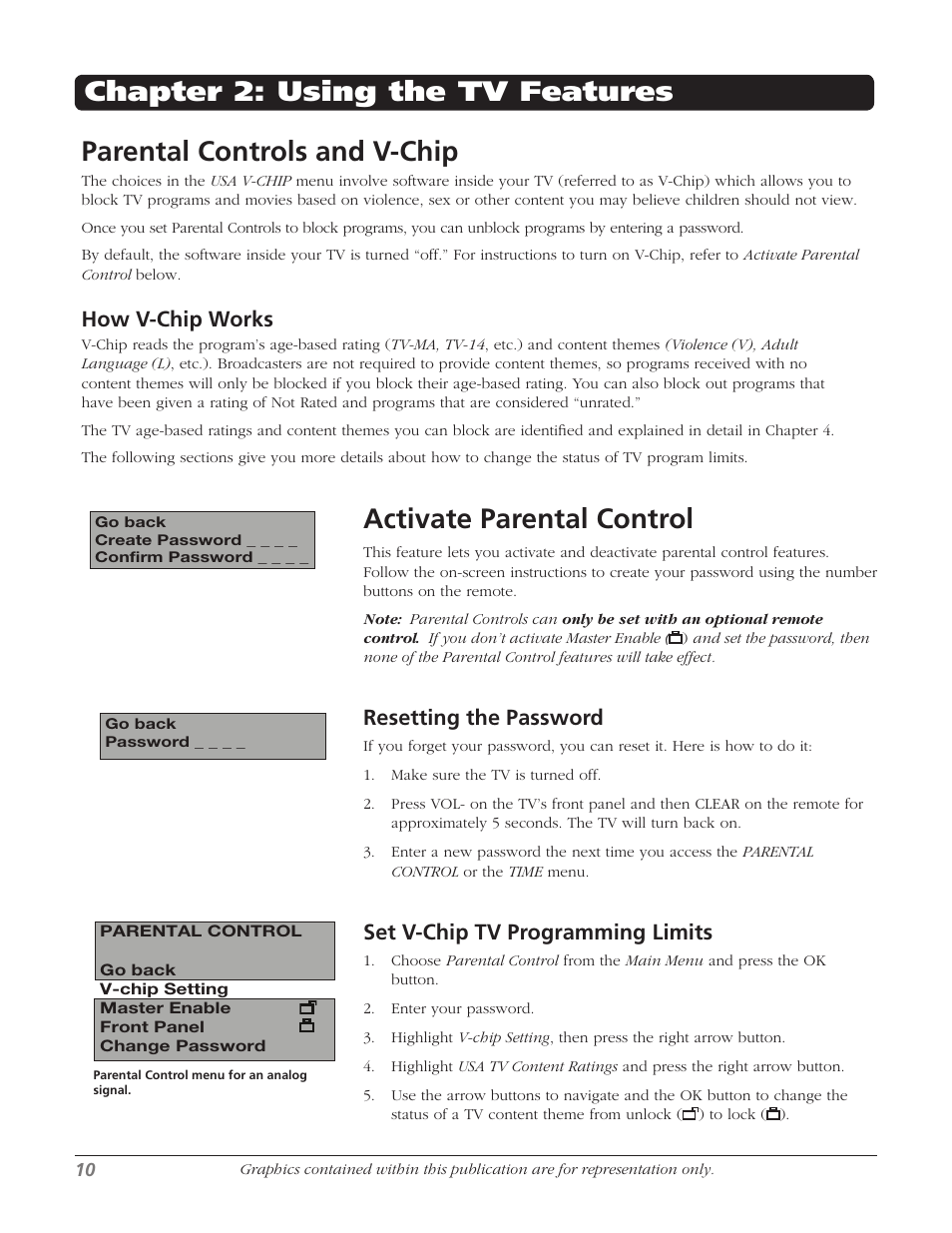 Parental controls and v-chip, Activate parental control, Chapter 2: using the tv features | How v-chip works, Resetting the password, Set v-chip tv programming limits | RCA J13804CL User Manual | Page 12 / 29