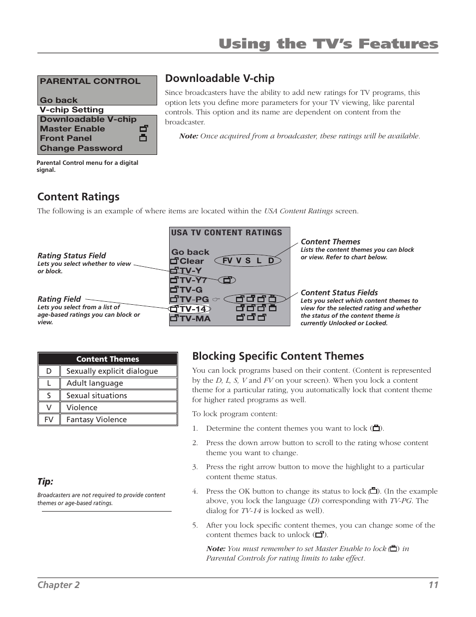 Using the tv’s features, Downloadable v-chip, Content ratings | Blocking specific content themes | RCA J13804CL User Manual | Page 13 / 29