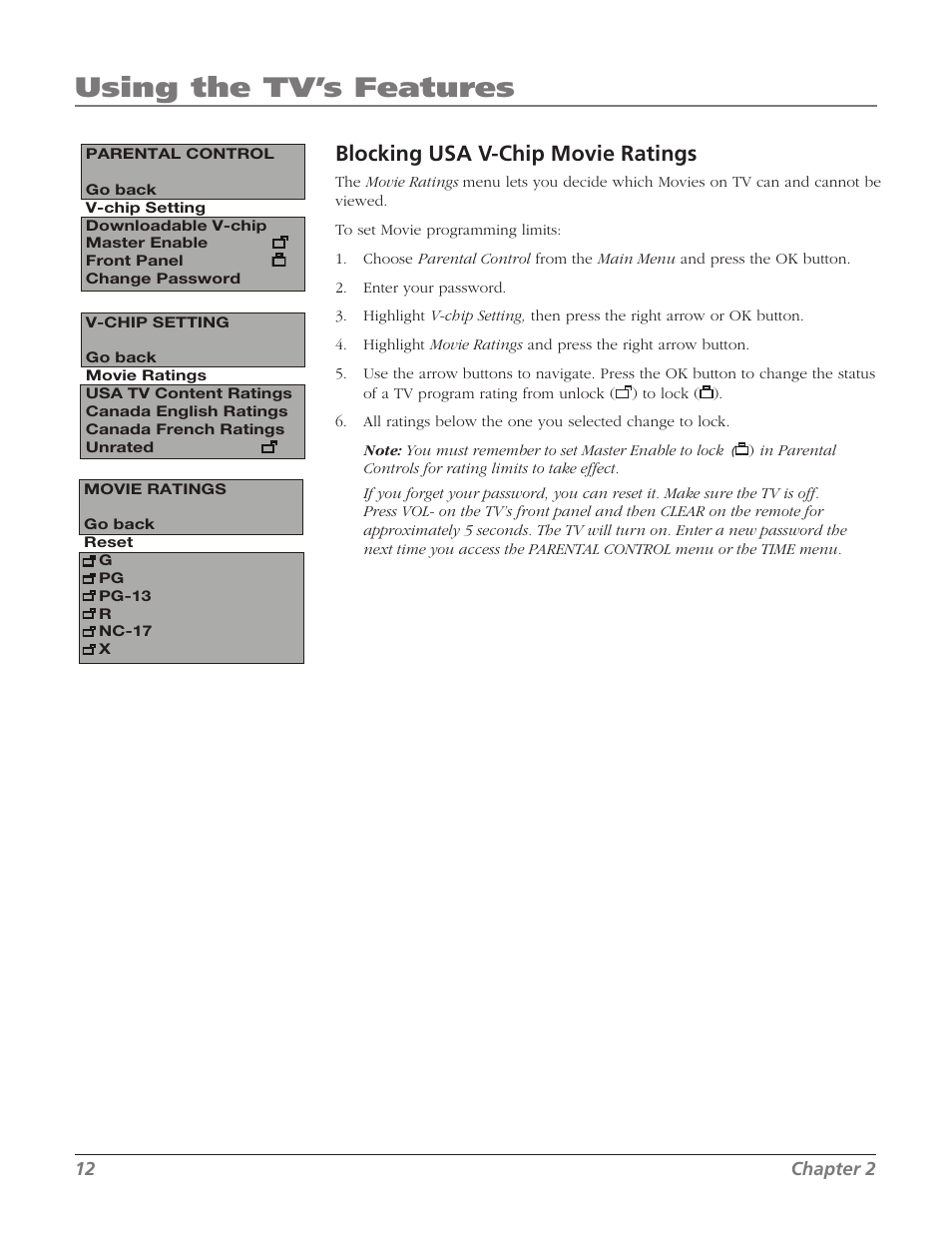 Using the tv’s features, Blocking usa v-chip movie ratings | RCA J13804CL User Manual | Page 14 / 29