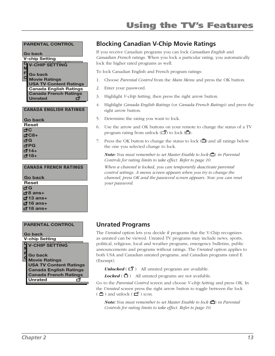 Using the tv’s features, Blocking canadian v-chip movie ratings, Unrated programs | RCA J13804CL User Manual | Page 15 / 29