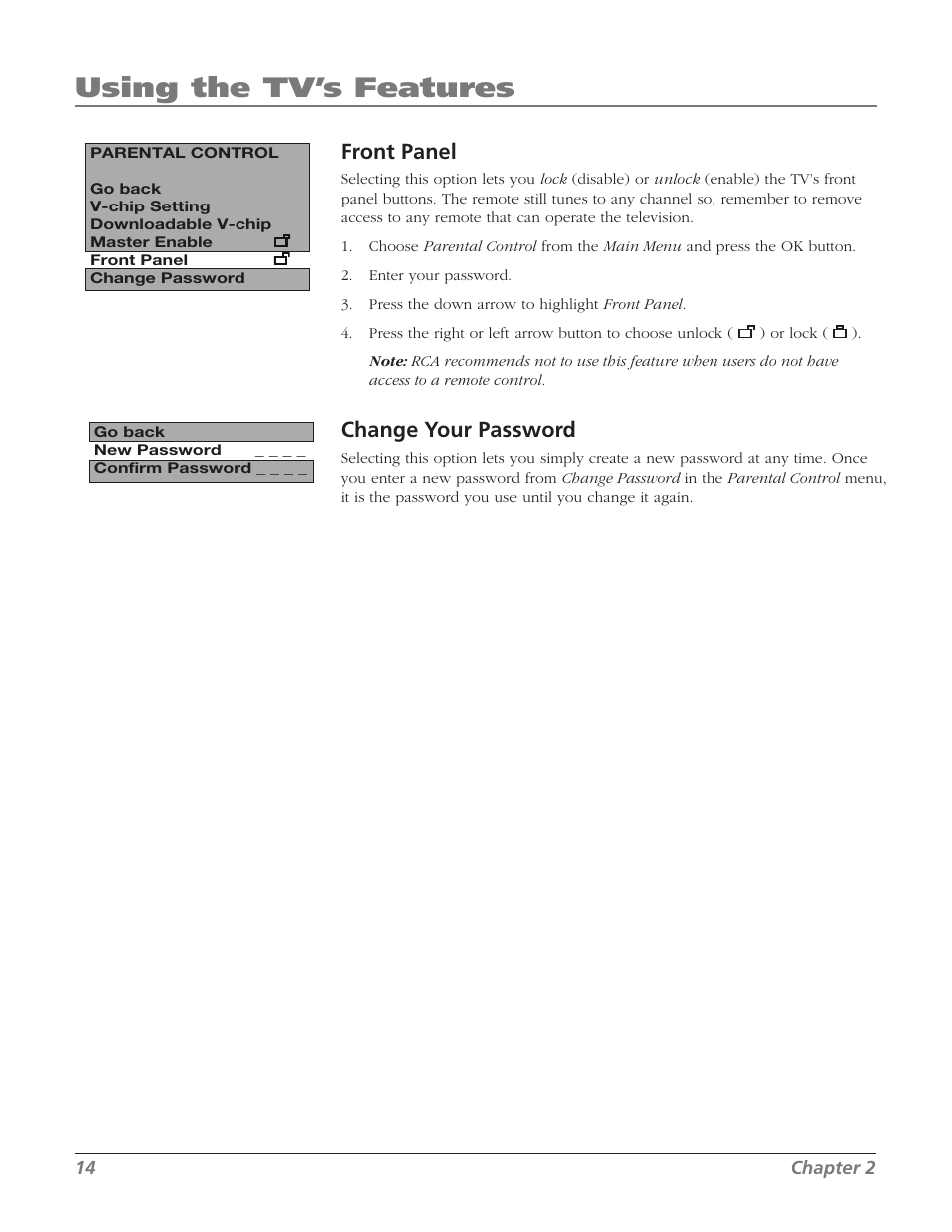 Using the tv’s features, Front panel, Change your password | RCA J13804CL User Manual | Page 16 / 29