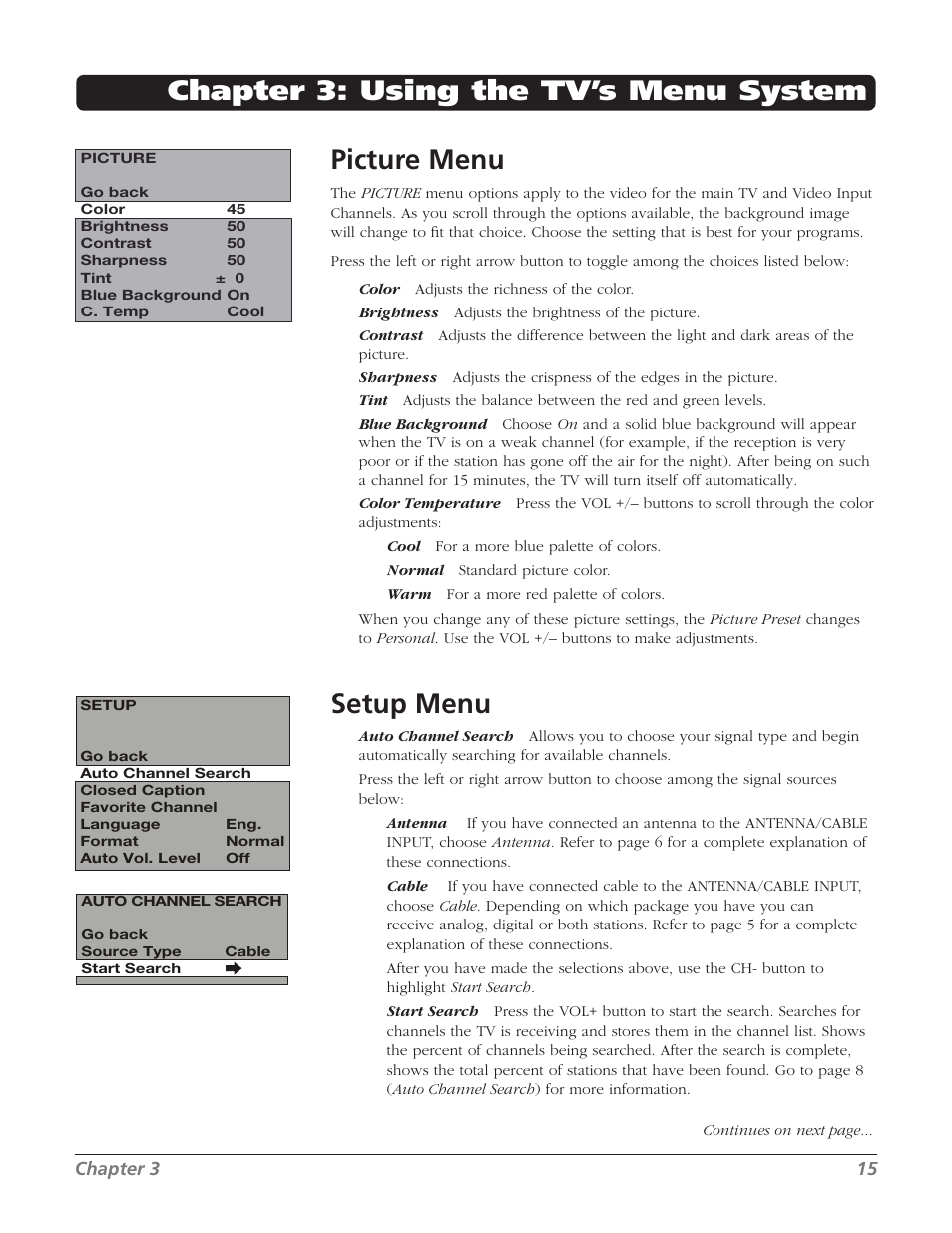 Chapter 3: using the tv’s menu system picture menu, Setup menu | RCA J13804CL User Manual | Page 17 / 29