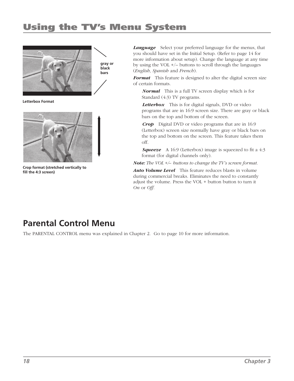 Parental control menu, Using the tv’s menu system | RCA J13804CL User Manual | Page 20 / 29