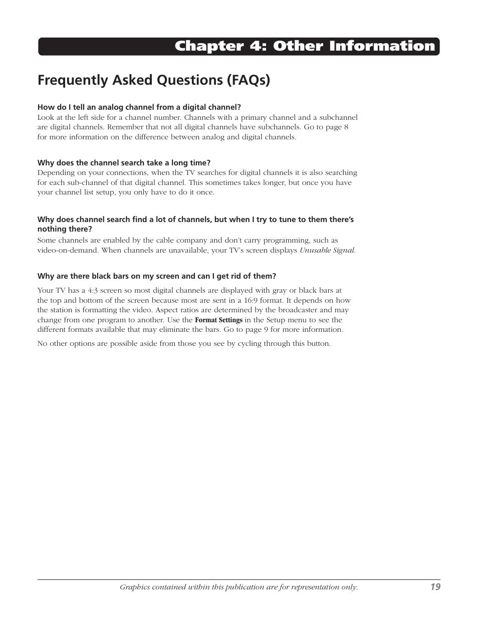 Chapter 4: other information, Frequently asked questions (faqs) | RCA J13804CL User Manual | Page 21 / 29