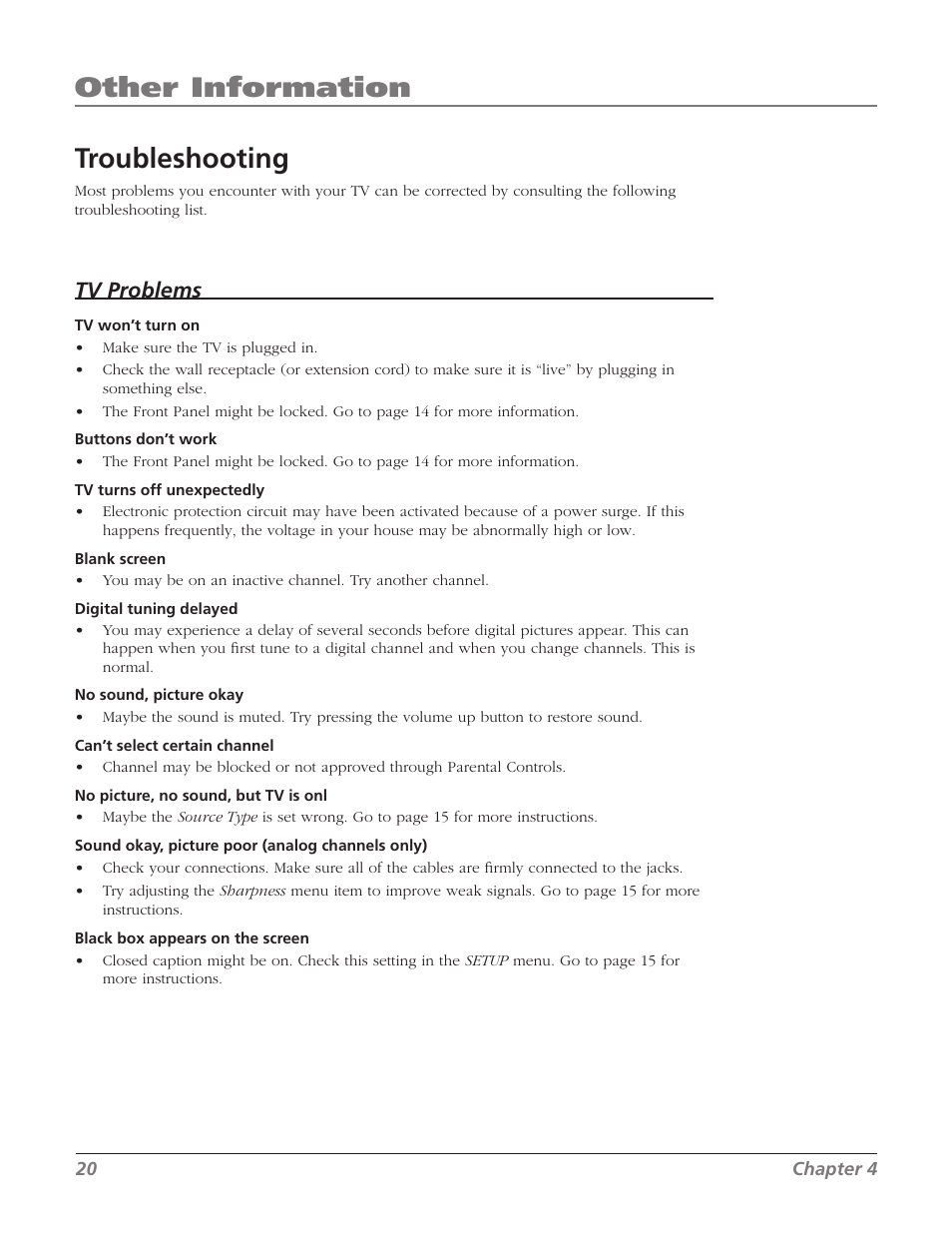 Troubleshooting, Other information, Tv problems | RCA J13804CL User Manual | Page 22 / 29