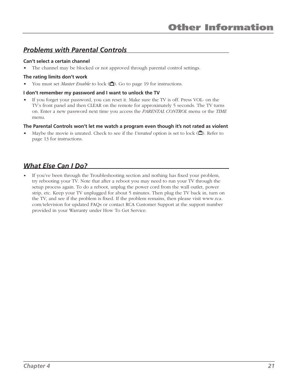 Other information, Problems with parental controls, What else can i do | RCA J13804CL User Manual | Page 23 / 29