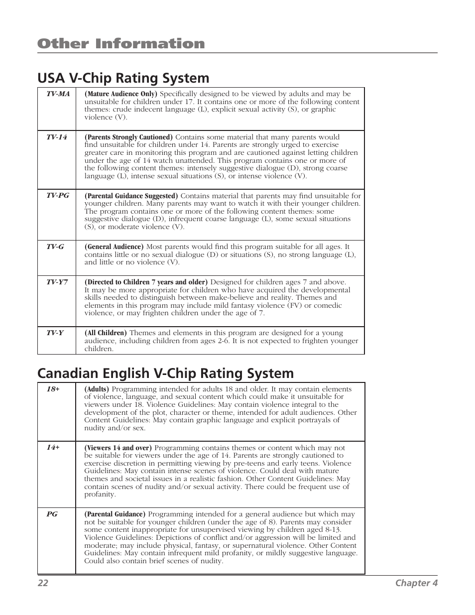 Usa v-chip rating system | RCA J13804CL User Manual | Page 24 / 29