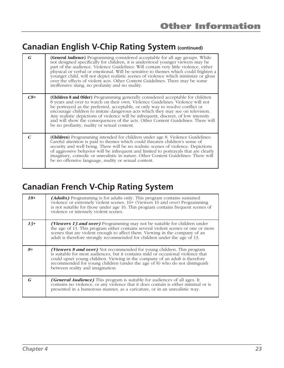 Other information, Canadian english v-chip rating system, Canadian french v-chip rating system | RCA J13804CL User Manual | Page 25 / 29