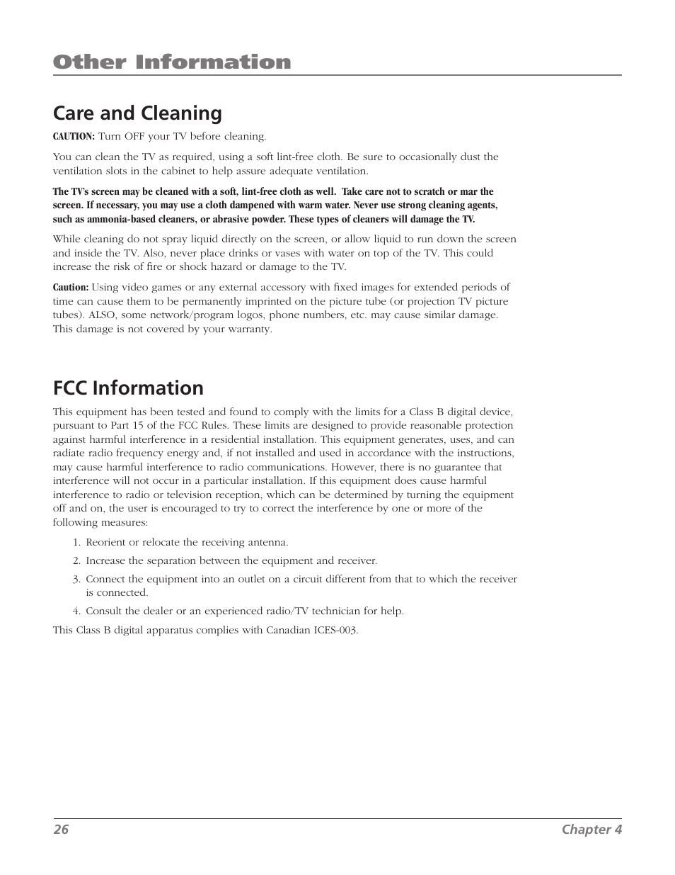 Fcc information, Care and cleaning, Other information | RCA J13804CL User Manual | Page 28 / 29