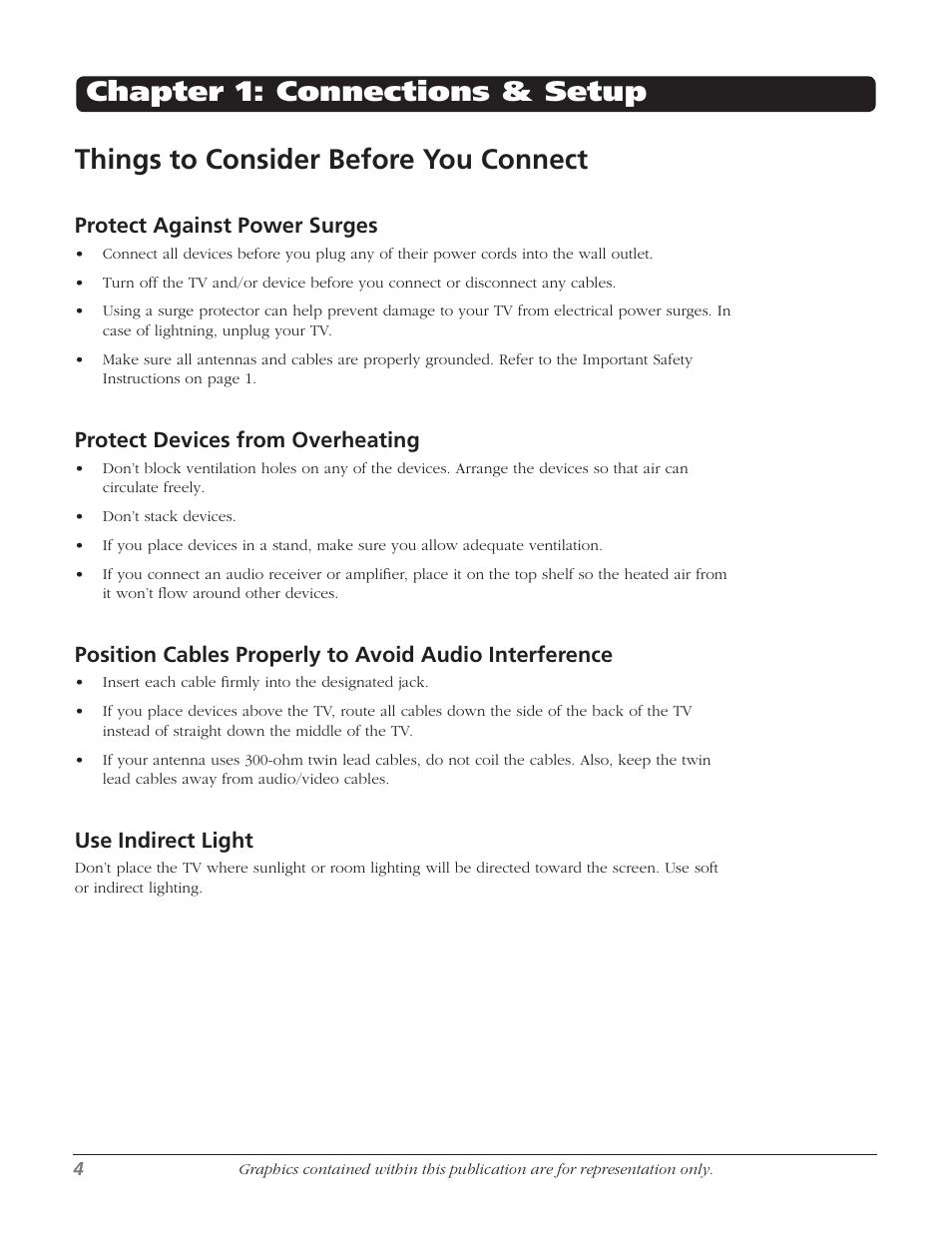 Things to consider before you connect, Chapter 1: connections & setup, Protect against power surges | Protect devices from overheating, Use indirect light | RCA J13804CL User Manual | Page 6 / 29