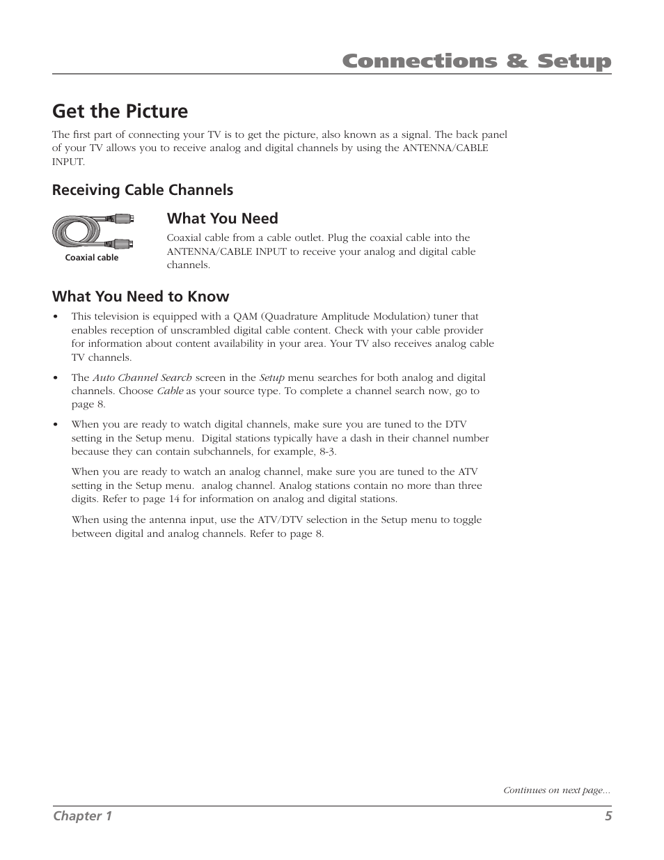 Get the picture, Connections & setup, What you need to know | Receiving cable channels, What you need | RCA J13804CL User Manual | Page 7 / 29