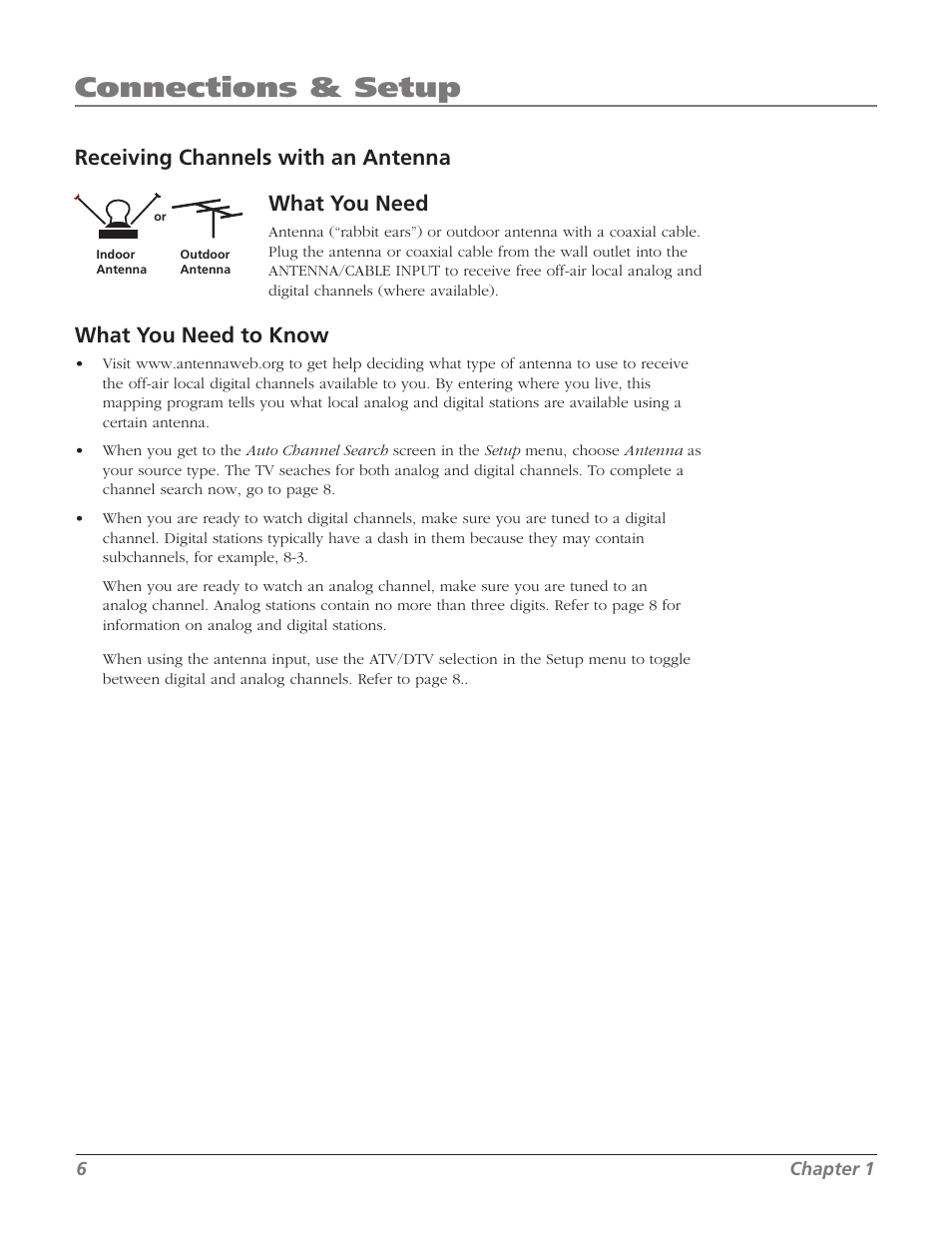 Connections & setup, What you need to know, Receiving channels with an antenna | What you need | RCA J13804CL User Manual | Page 8 / 29