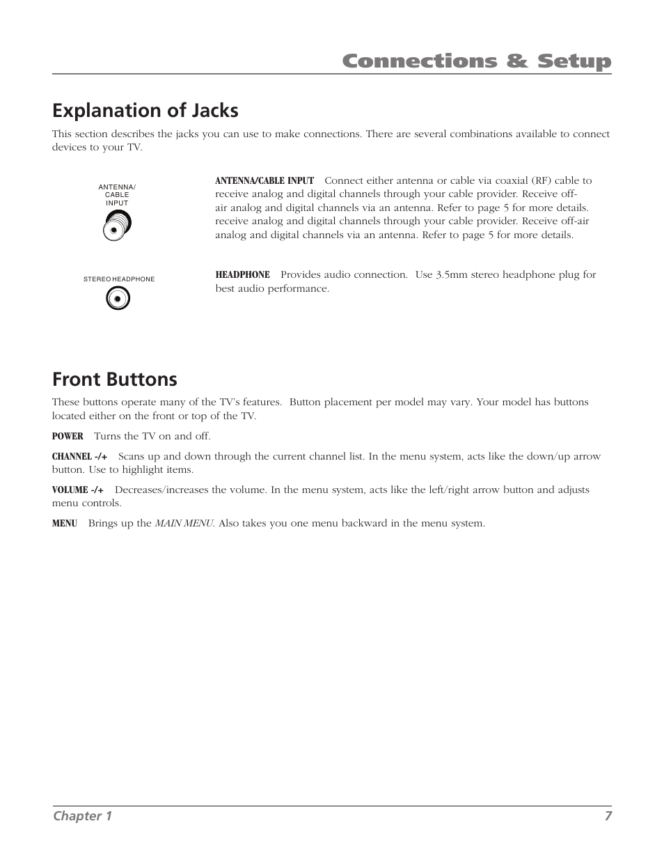 Explanation of jacks, Front buttons, Connections & setup | Chapter 1 | RCA J13804CL User Manual | Page 9 / 29