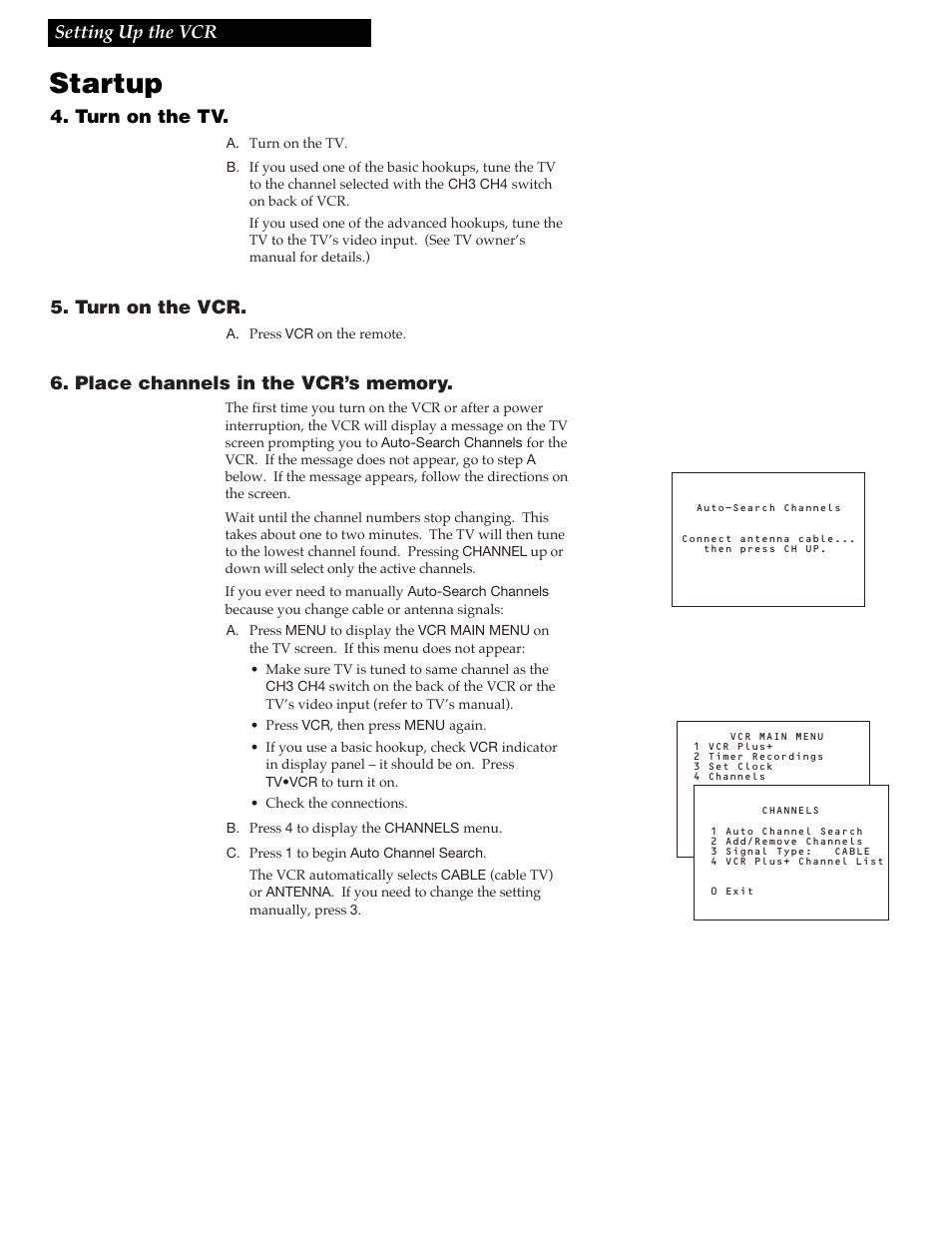 Startup, Setting up the vcr, Turn on the tv | Turn on the vcr | RCA VR618HF User Manual | Page 10 / 40