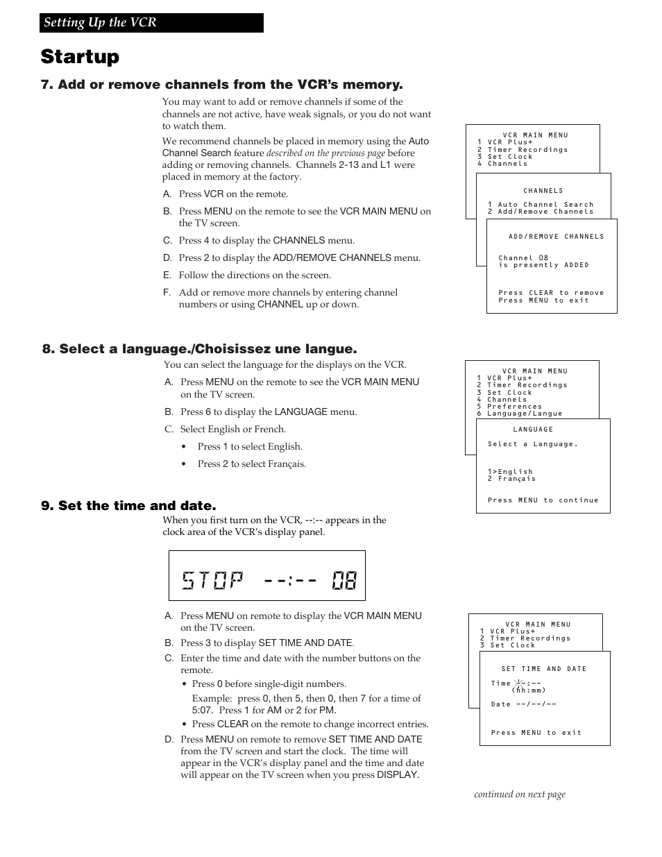 Startup, 9setting up the vcr 9. set the time and date, Select a language./choisissez une langue | RCA VR618HF User Manual | Page 11 / 40