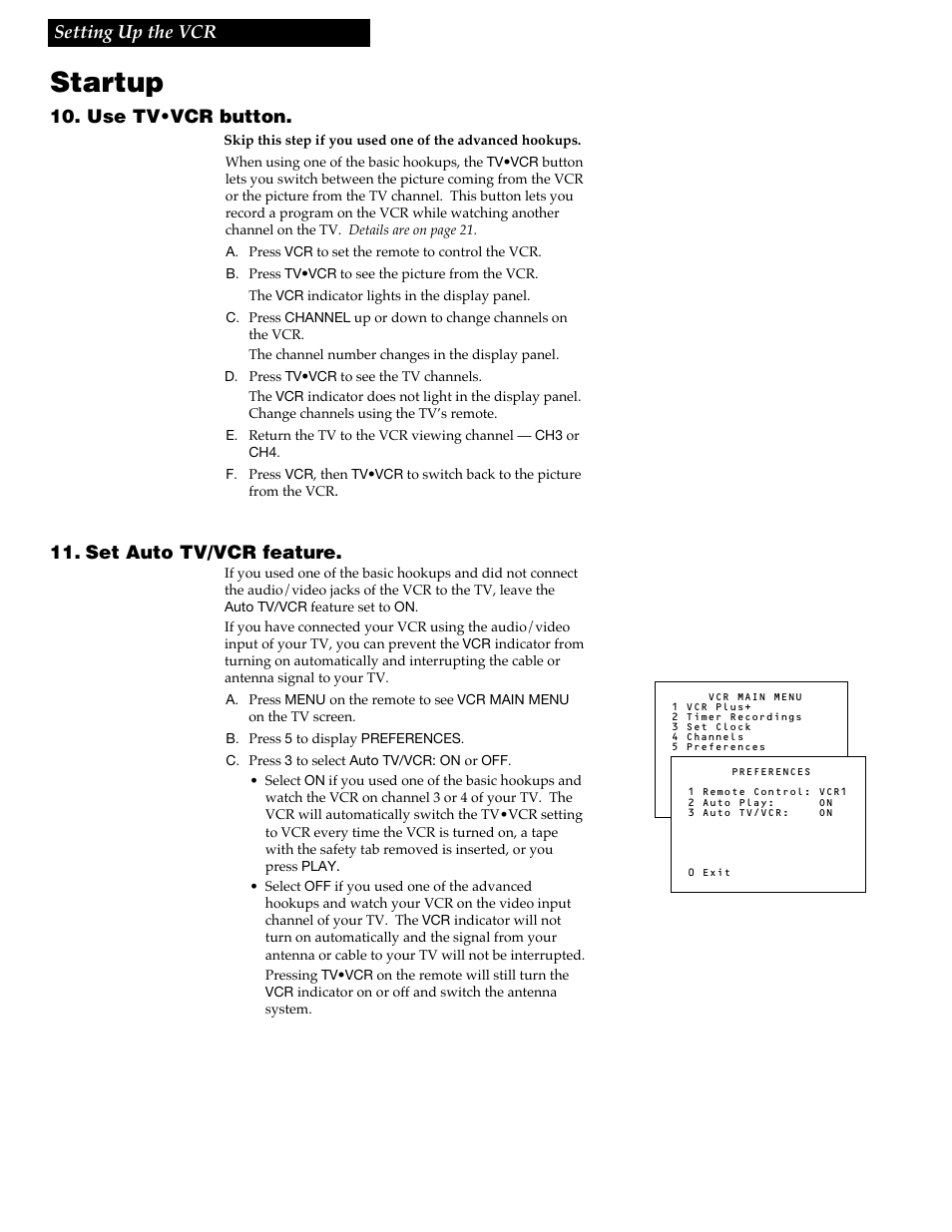 Startup, 10 10. use tv•vcr button, Set auto tv/vcr feature | Setting up the vcr | RCA VR618HF User Manual | Page 12 / 40