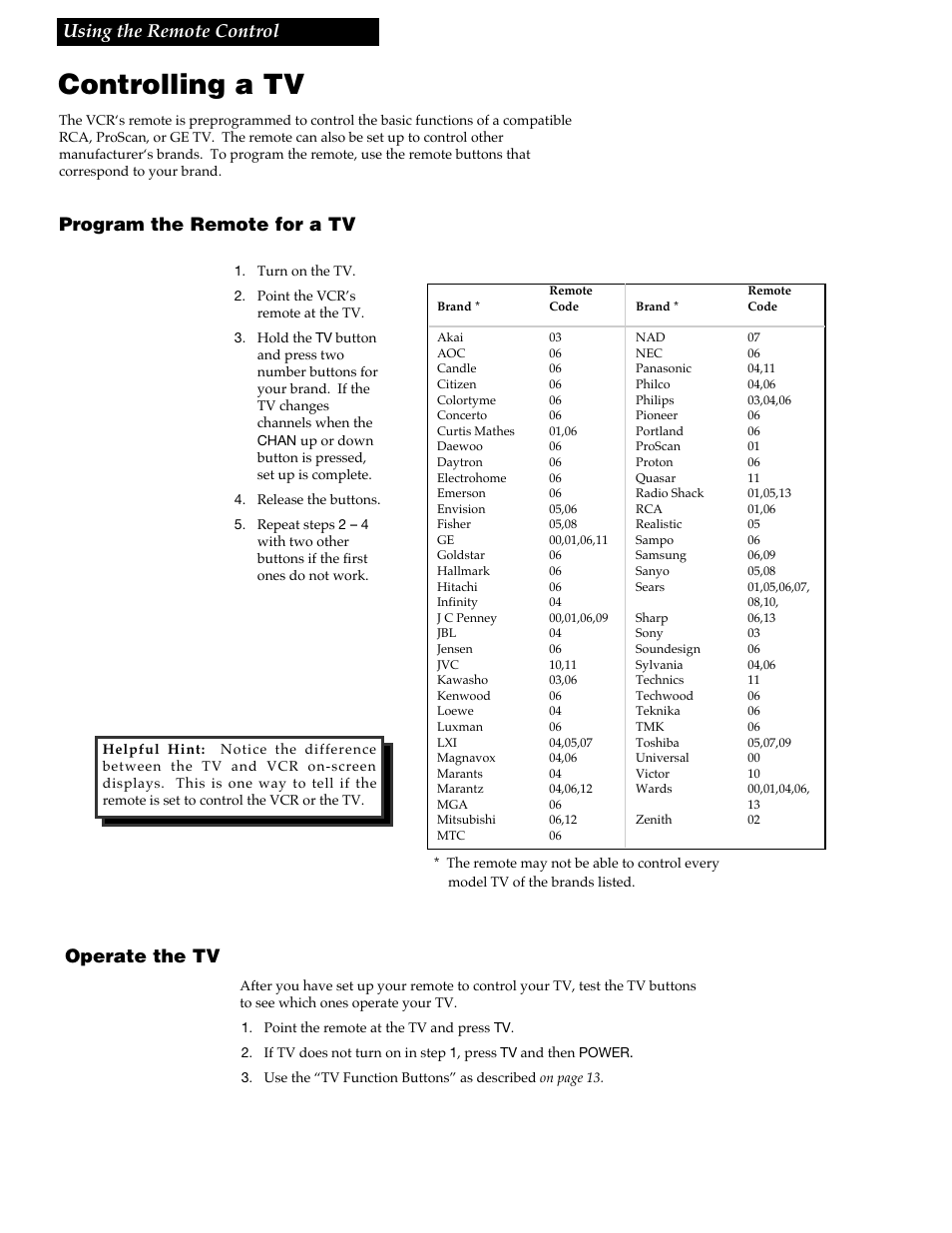 Using the remote control, Controlling a tv, Program the remote for a tv operate the tv | RCA VR618HF User Manual | Page 13 / 40