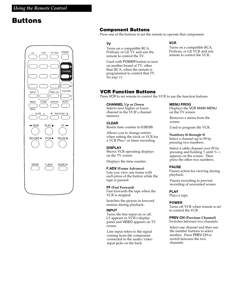 Buttons, 12 using the remote control, Component buttons | Vcr function buttons | RCA VR618HF User Manual | Page 14 / 40