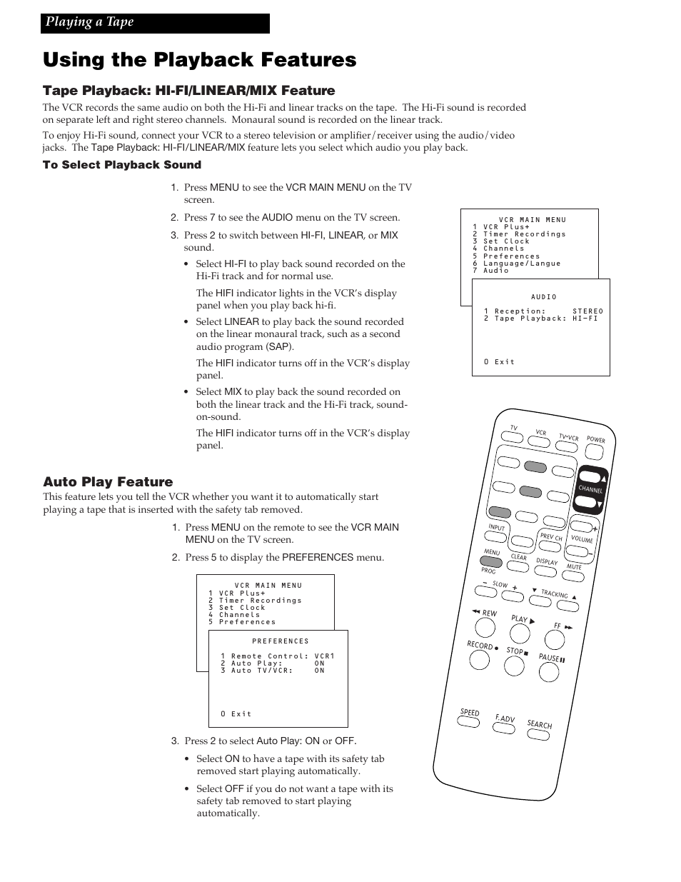 Using the playback features, 15 playing a tape, Tape playback: hi-fi/linear/mix feature | Auto play feature | RCA VR618HF User Manual | Page 17 / 40