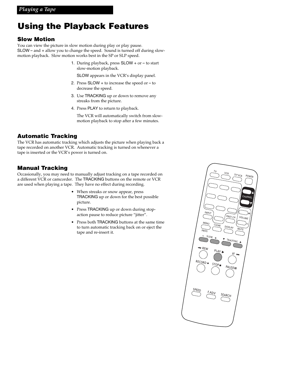 Using the playback features, 17 playing a tape slow motion, Automatic tracking | Manual tracking | RCA VR618HF User Manual | Page 19 / 40