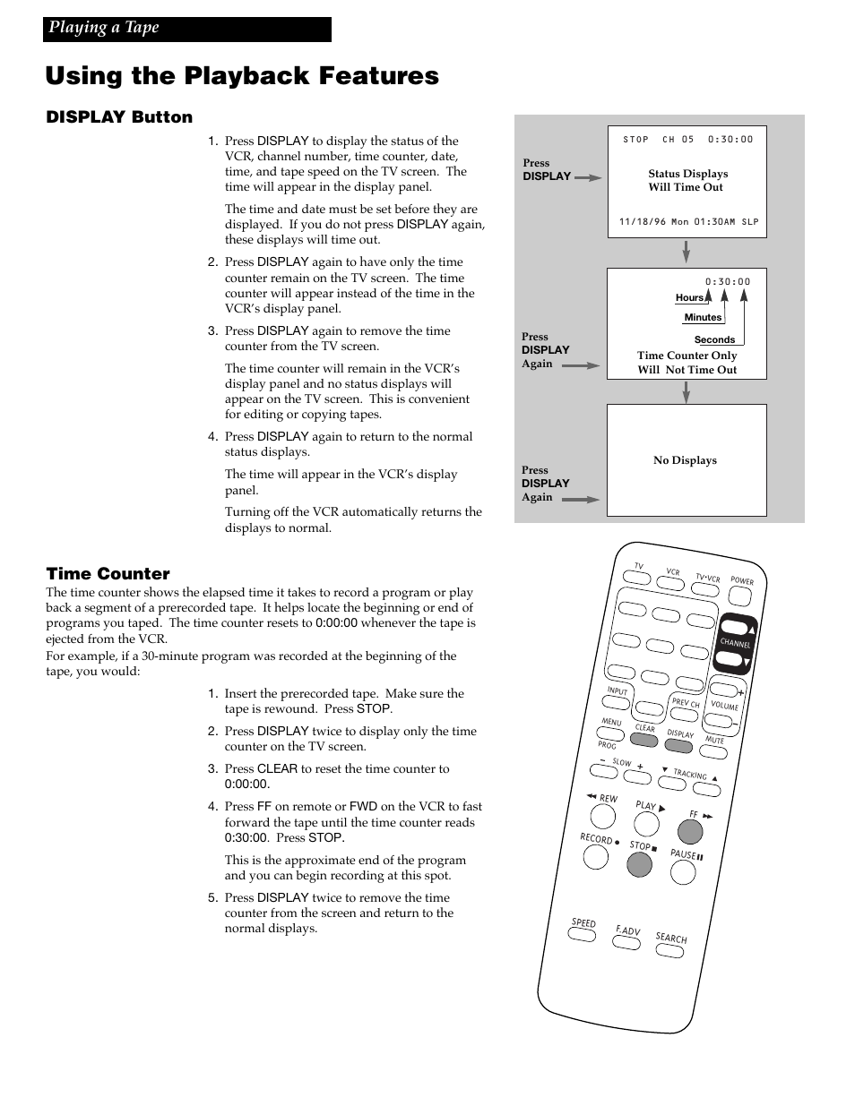 Using the playback features, Playing a tape display button, Time counter | RCA VR618HF User Manual | Page 20 / 40