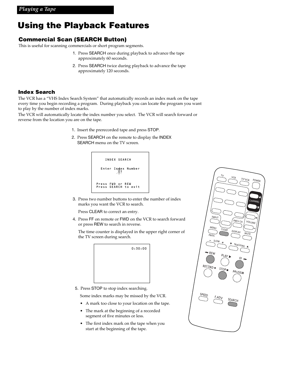 Using the playback features, Playing a tape, Commercial scan (search button) | Index search | RCA VR618HF User Manual | Page 21 / 40