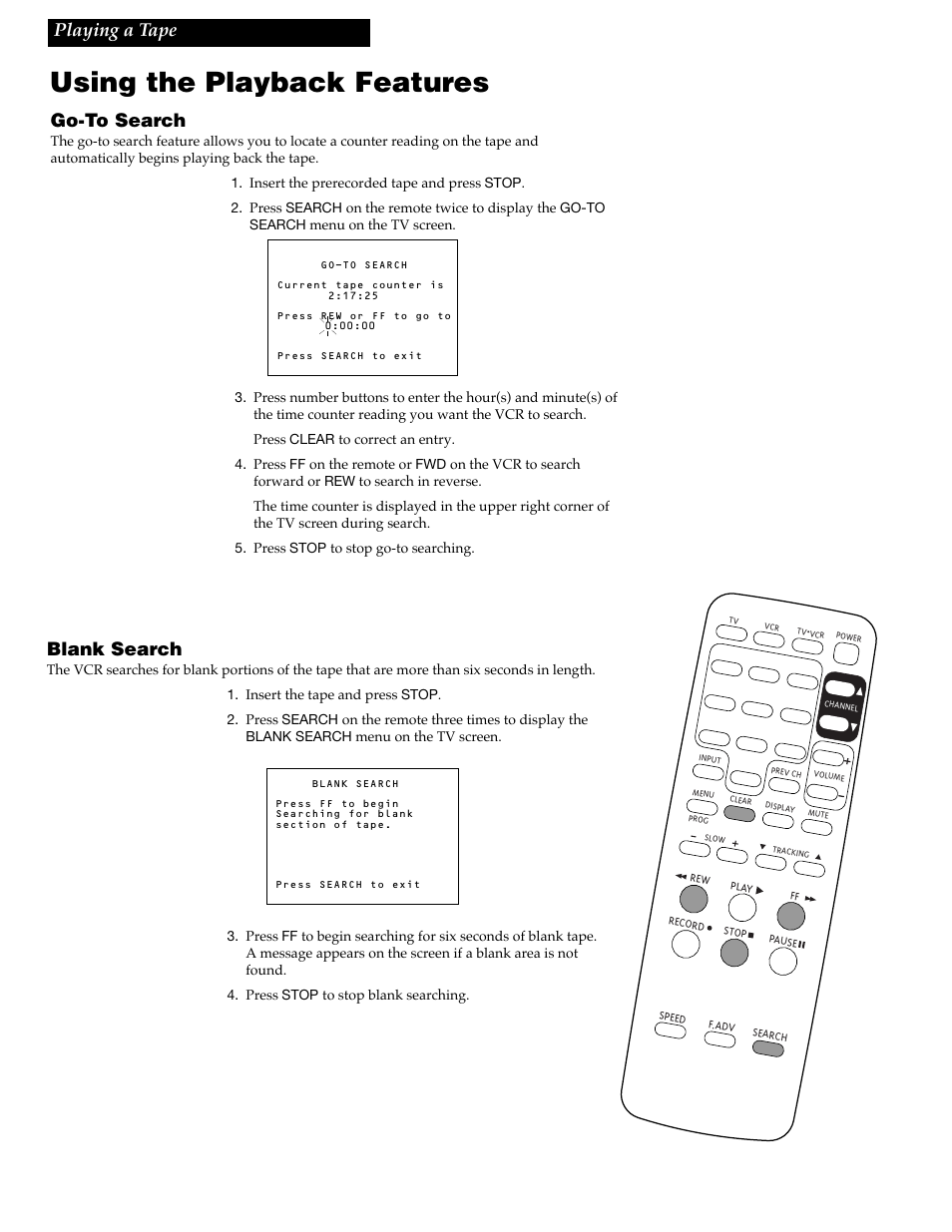 Using the playback features, Blank search, 20 playing a tape | Go-to search | RCA VR618HF User Manual | Page 22 / 40