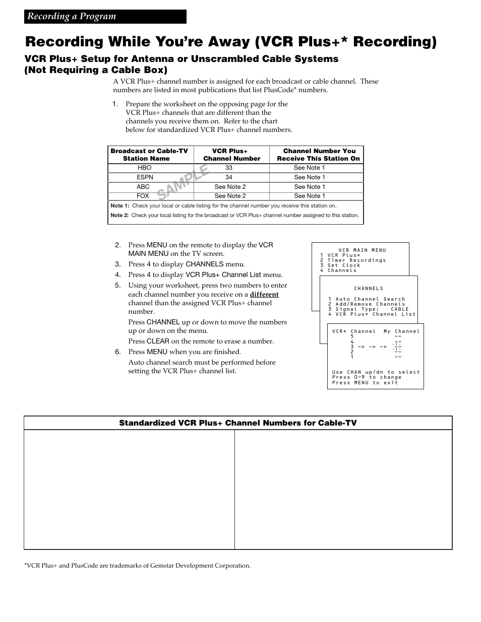 Recording while you’re away, Recording while you’re away (vcr plus+* recording), Sample | 22 recording a program | RCA VR618HF User Manual | Page 24 / 40