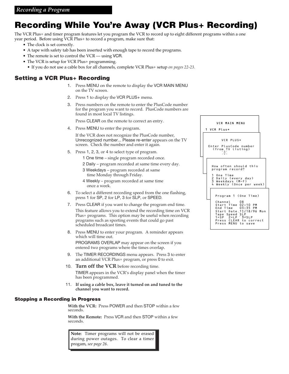 Recording while you’re away (vcr plus+ recording), Recording a program, Setting a vcr plus+ recording | RCA VR618HF User Manual | Page 26 / 40