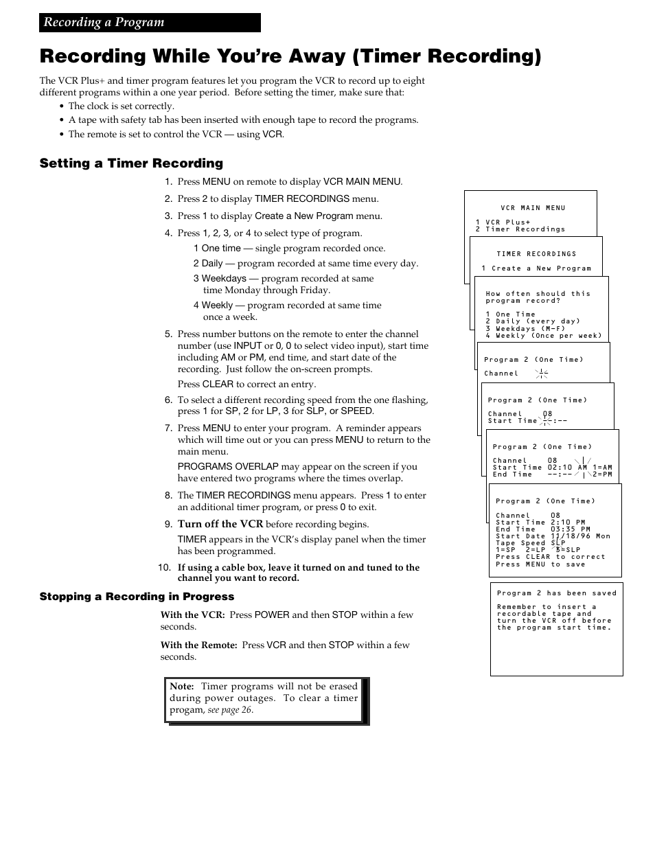 Recording while you’re away (timer recording), 25 recording a program, Setting a timer recording | RCA VR618HF User Manual | Page 27 / 40