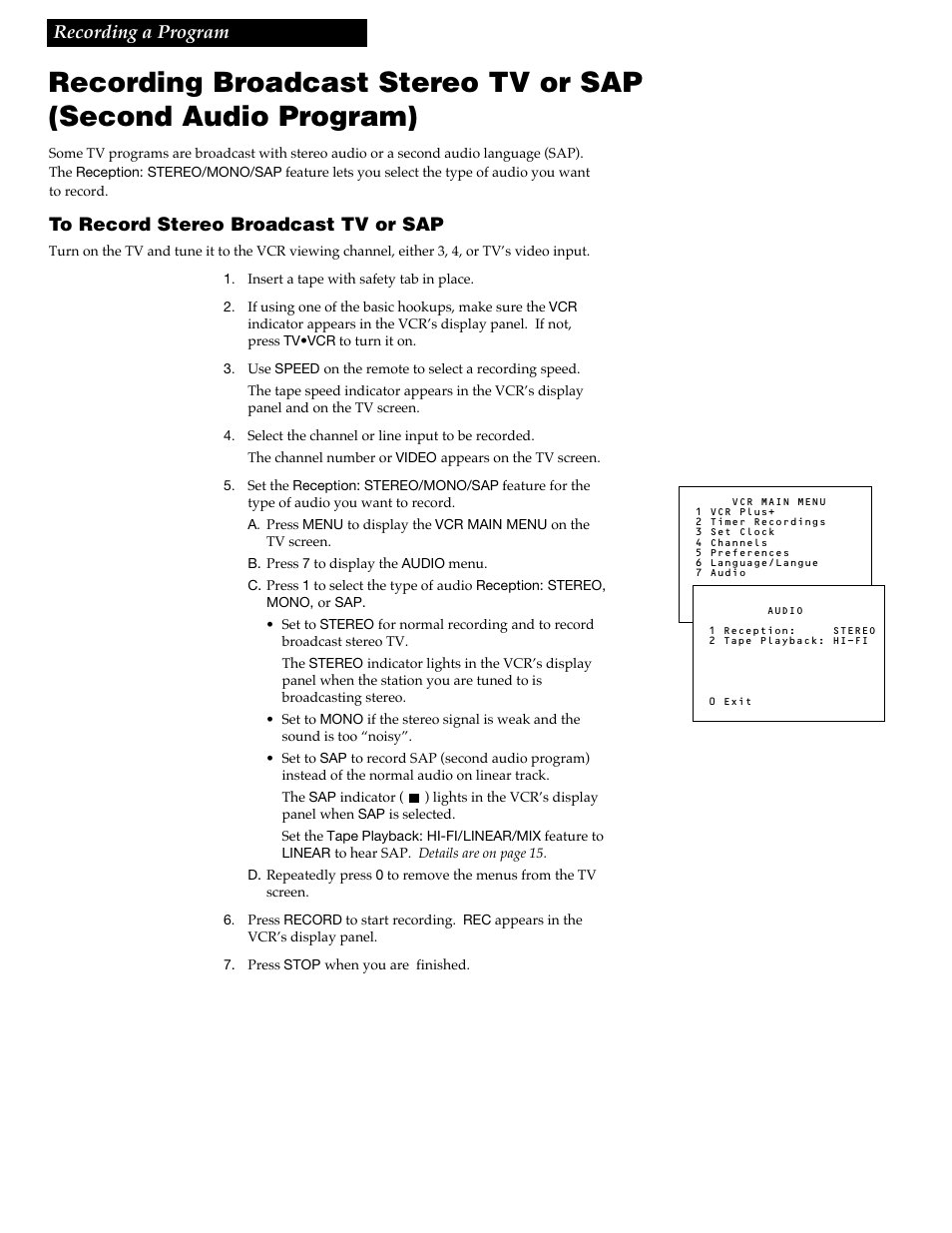 Recording broadcast stereo tv or sap, 28 to record stereo broadcast tv or sap, Recording a program | RCA VR618HF User Manual | Page 30 / 40