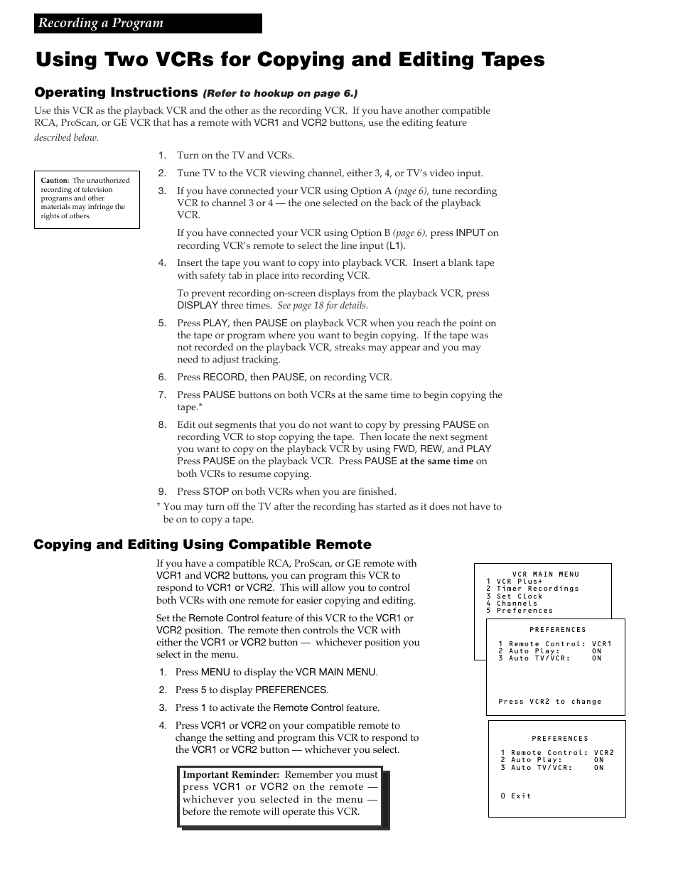 Using two vcrs for copying and editing tapes, 30 recording a program, Operating instructions | Copying and editing using compatible remote | RCA VR618HF User Manual | Page 32 / 40