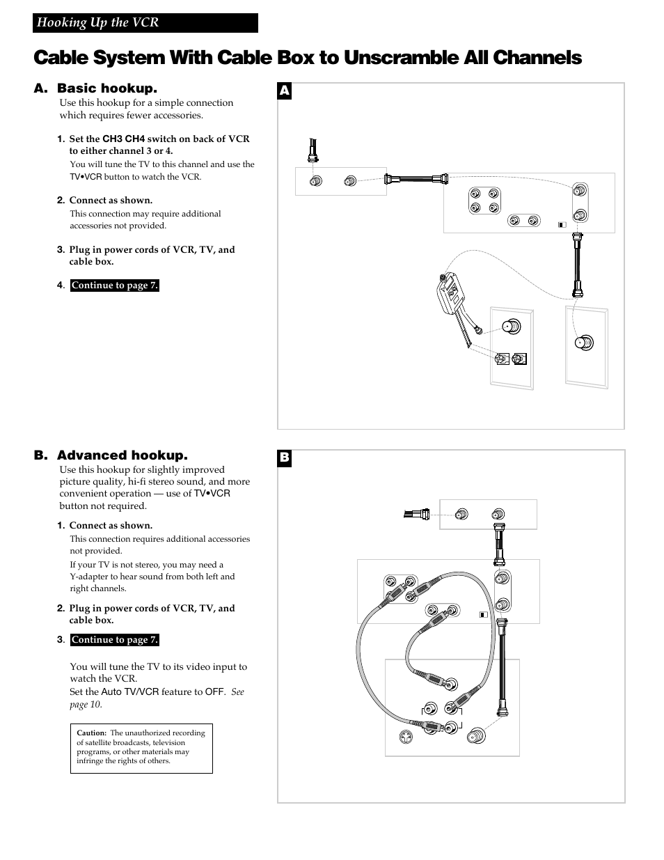 4hooking up the vcr, A. basic hookup, B. advanced hookup | Back of vcr, Cable box, Back of tv, Connect as shown, Plug in power cords of vcr, tv, and cable box. 4, Vhf uhf | RCA VR618HF User Manual | Page 6 / 40