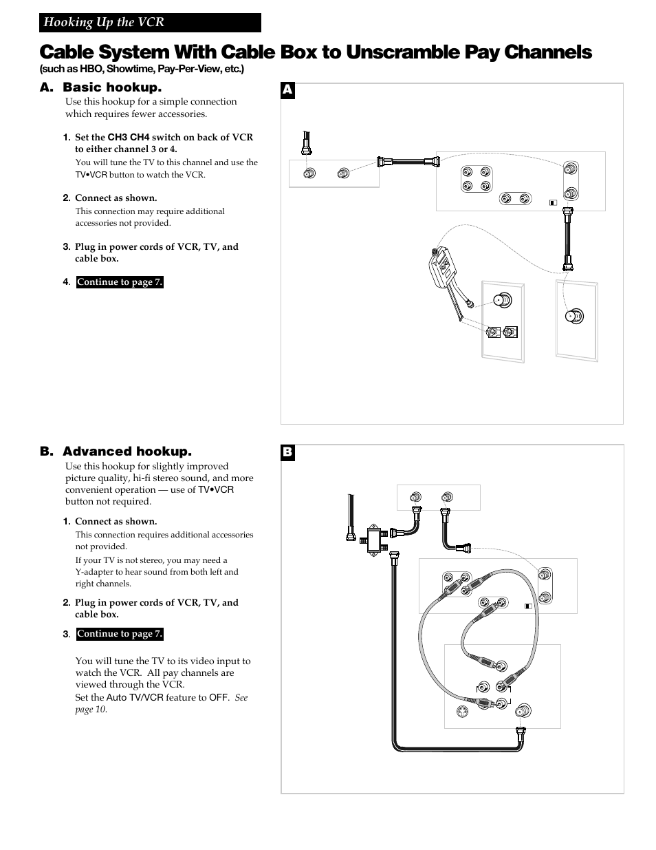 5hooking up the vcr, A. basic hookup, B. advanced hookup | Such as hbo, showtime, pay-per-view, etc.), Connect as shown, Plug in power cords of vcr, tv, and cable box. 4, Back of vcr, Cable box, Back of tv, Vhf uhf | RCA VR618HF User Manual | Page 7 / 40