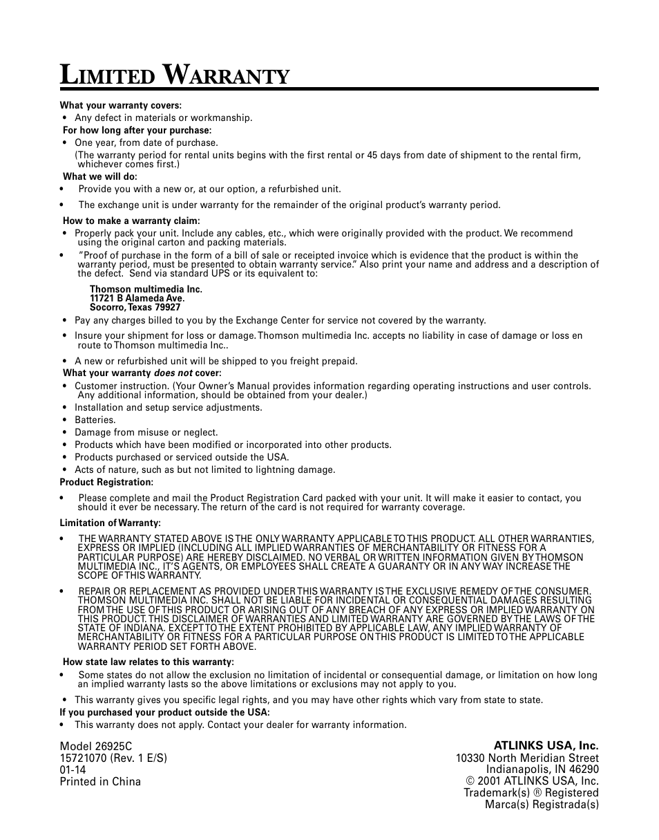 Imited, Arranty | RCA 26925 User Manual | Page 32 / 64