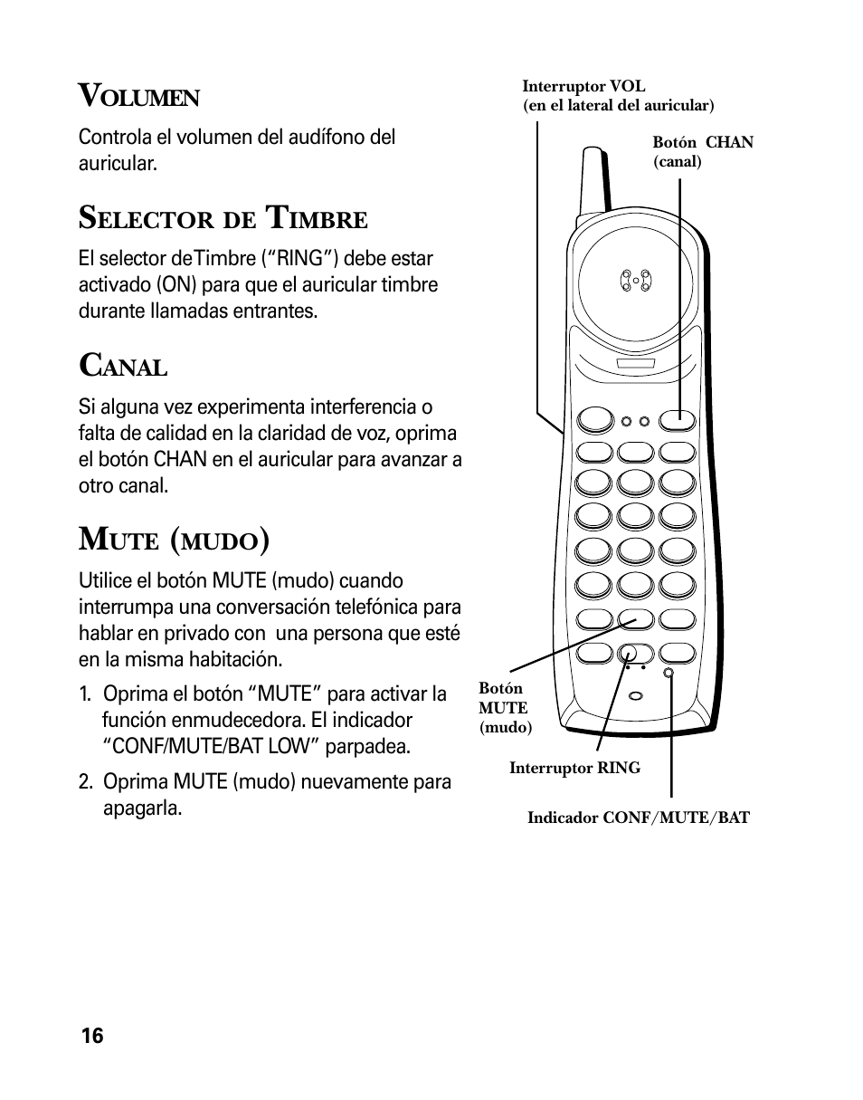 Olumen, Elector, Imbre | Anal, Mudo, Controla el volumen del audífono del auricular | RCA 26925 User Manual | Page 48 / 64