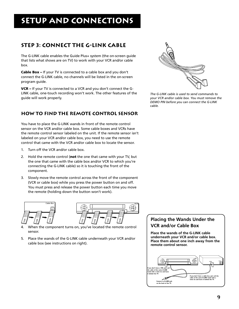 Setup and connections, Step 3: connect the g-link cable, How to find the remote control sensor | Placing the wands under the vcr and/or cable box | RCA F20645 User Manual | Page 11 / 64