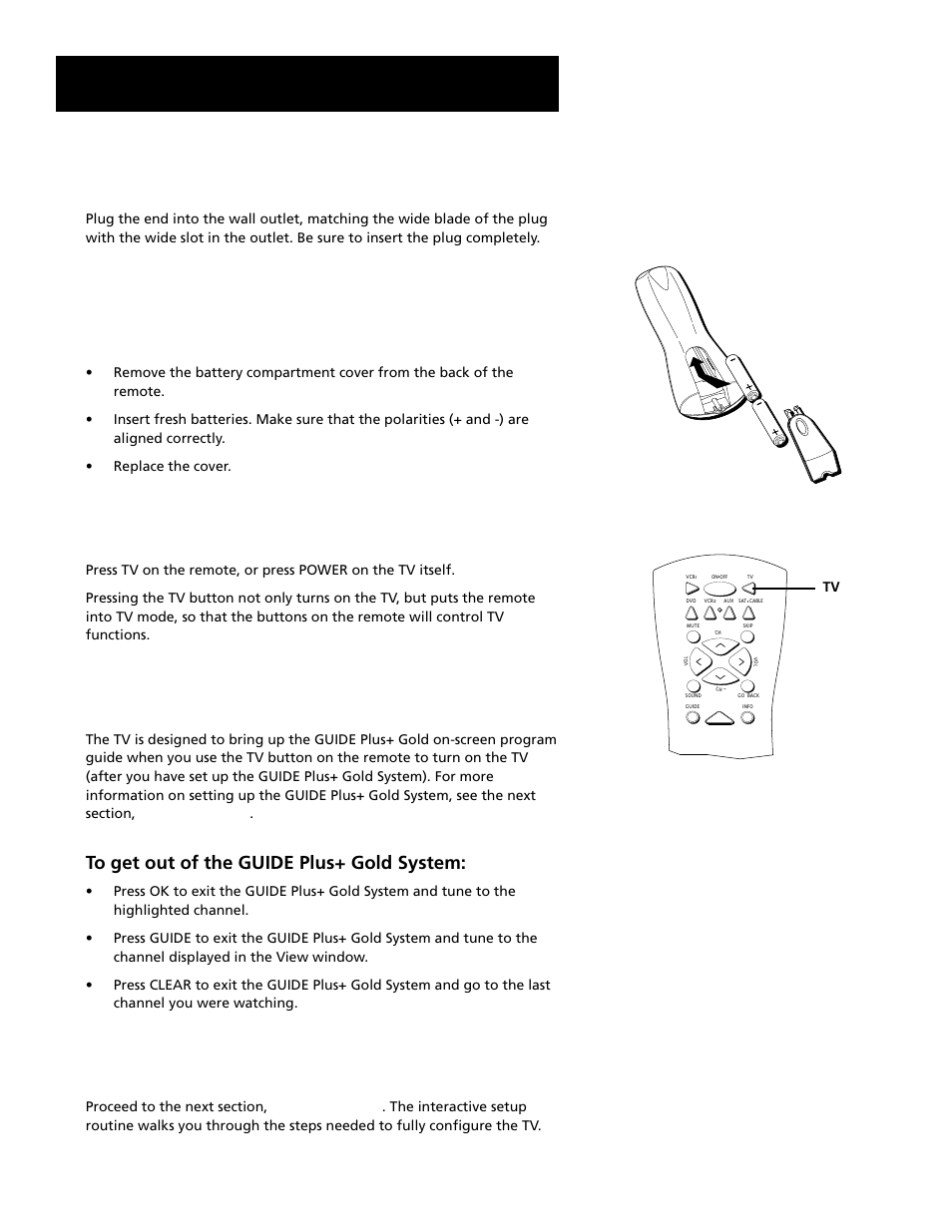 Step 4: plug in the tv, Step 5: place batteries in the remote, Step 6: turn on the tv 10 | On-screen program guide, Step 7: program the tv, Setup and connections, Step 6: turn on the tv | RCA F20645 User Manual | Page 12 / 64
