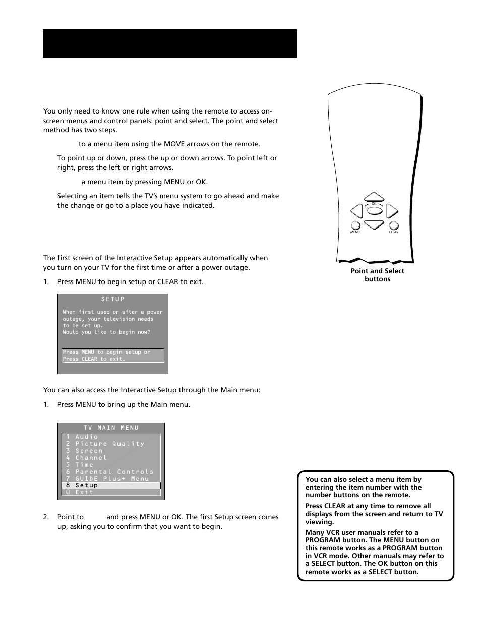 Using point and select, Entering setup, Interactive setup | RCA F20645 User Manual | Page 14 / 64