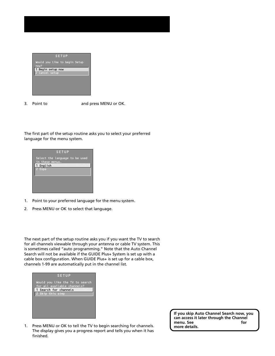 Selecting a language, Auto channel search, Interactive setup | RCA F20645 User Manual | Page 15 / 64