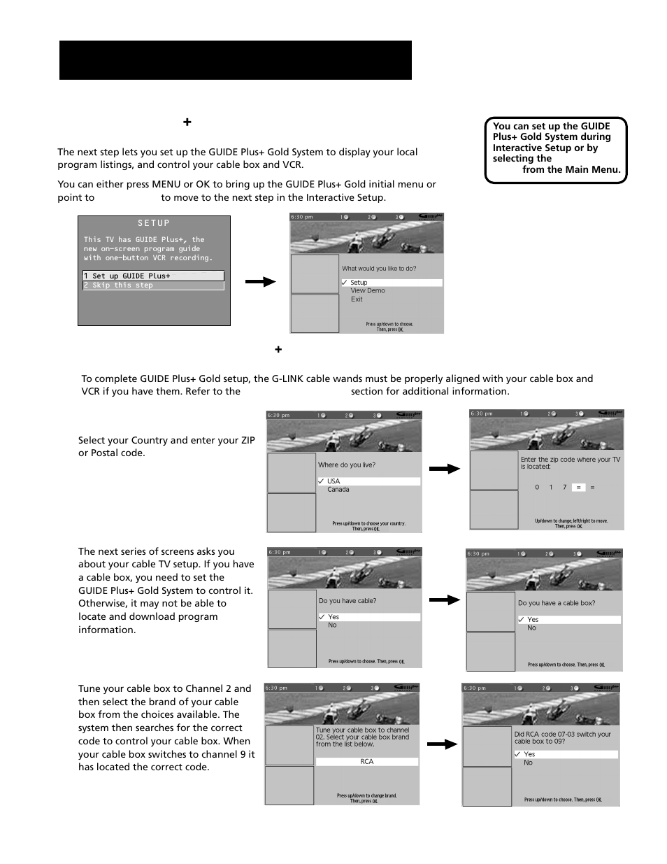 The guide plus+ gold system, Setting up the guide pius+ gold system, Interactive setup | The guide pi, Gold system | RCA F20645 User Manual | Page 16 / 64