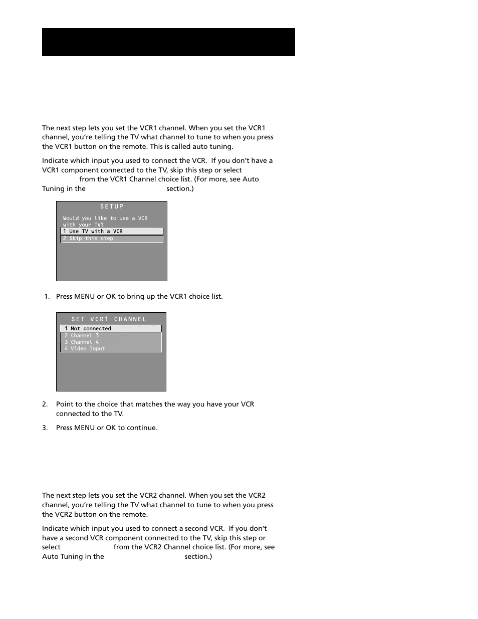 Setting the vcr1 channel (auto tuning), Setting the vcr2 channel (auto tuning), Interactive setup | RCA F20645 User Manual | Page 19 / 64