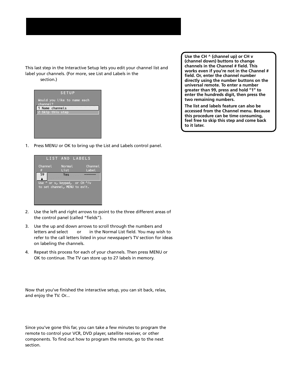 Labeling the channels, Interactive setup, What now | Program the remote | RCA F20645 User Manual | Page 22 / 64