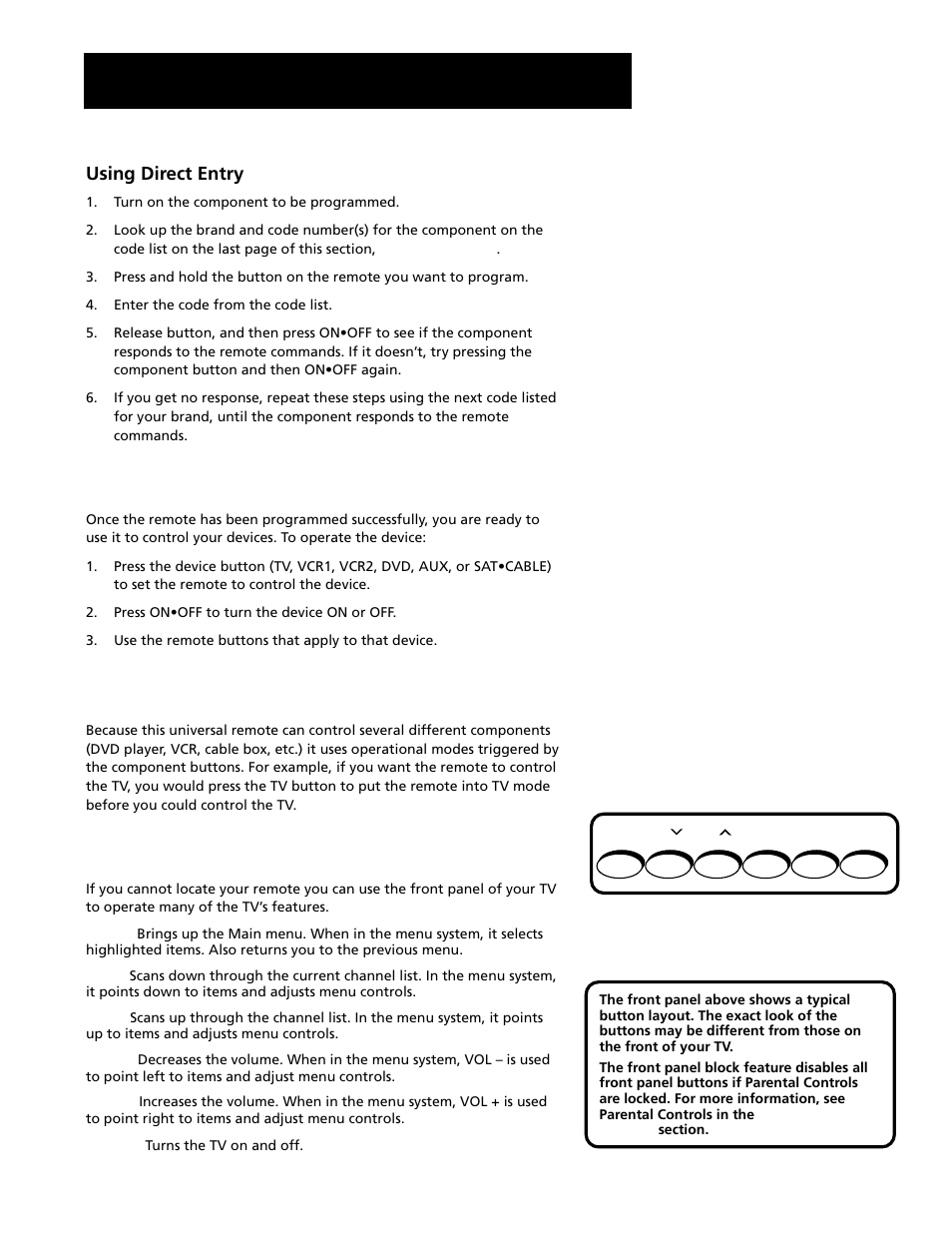 Using the remote to control a device, Modes of operation, Front panel | Using the remote, Using direct entry | RCA F20645 User Manual | Page 27 / 64