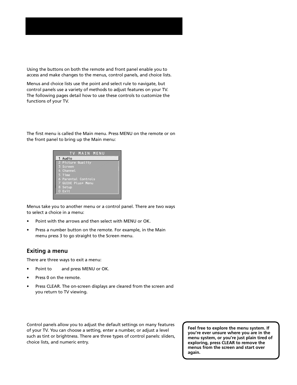 Menus and control panels, Using the menu system | RCA F20645 User Manual | Page 30 / 64