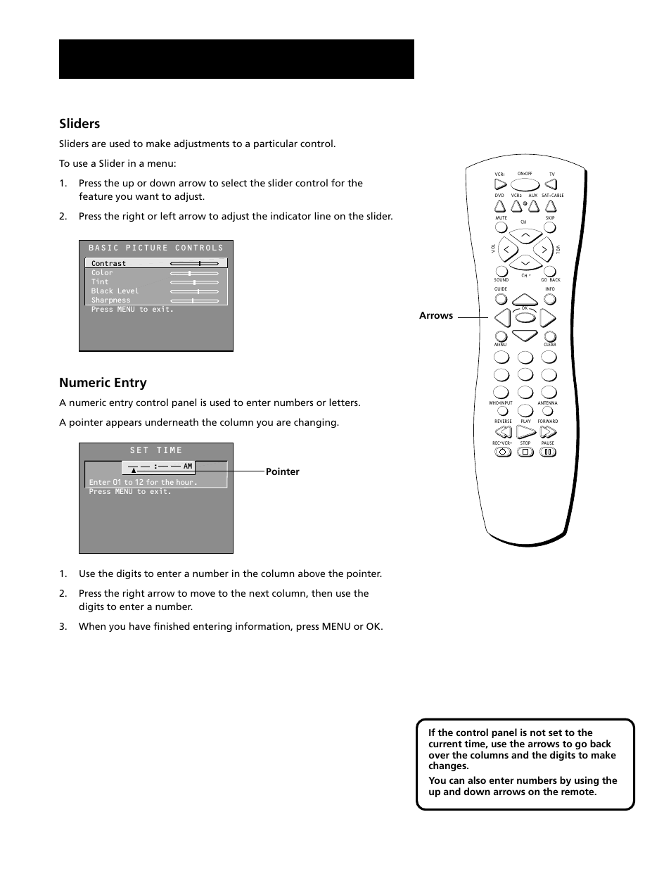 Using the menu system, Sliders, Numeric entry | Arrows pointer | RCA F20645 User Manual | Page 31 / 64