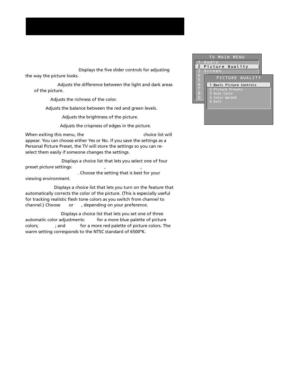 Picture quality menu, Using the menu system | RCA F20645 User Manual | Page 34 / 64