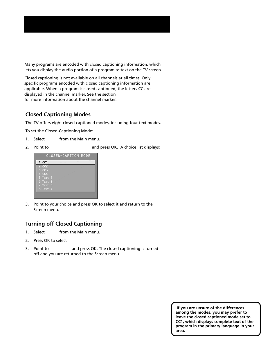 Using closed captioning, Using the menu system | RCA F20645 User Manual | Page 36 / 64