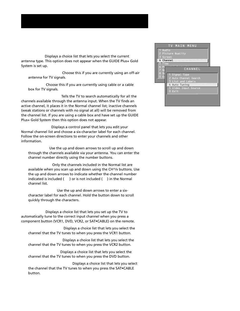 Channel menu, Using the menu system | RCA F20645 User Manual | Page 37 / 64